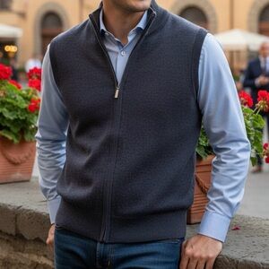 Toscano Quite Luxury Full Zip Sleeveless Merino Wool Grey Sweater Vest Large